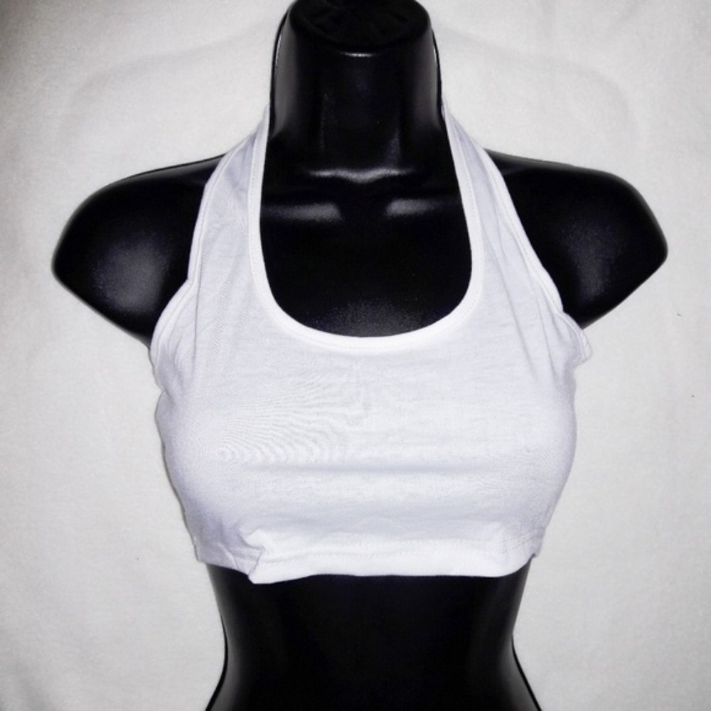 White Knit Stretchy Halter Sexy Crop Top - Picture 3 of 4